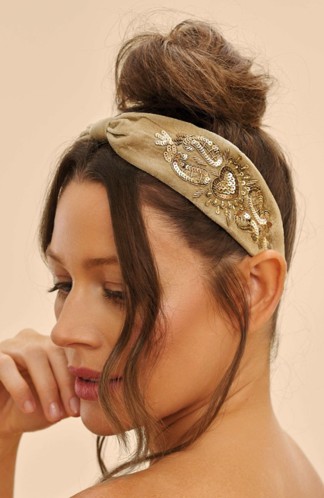 Velvet Embellished Headband - Sage Heart