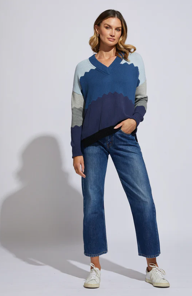 Ziggy Zag V Neck Jumper - Foggy