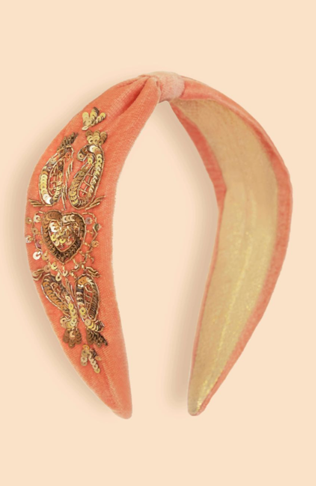 Velvet Embellished Headband - Coral Heart