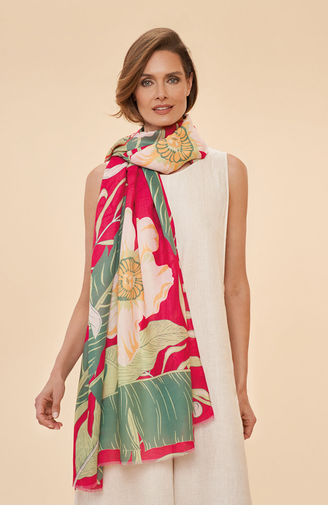 Printed Delicate Tropical Scarf - Dark Rose