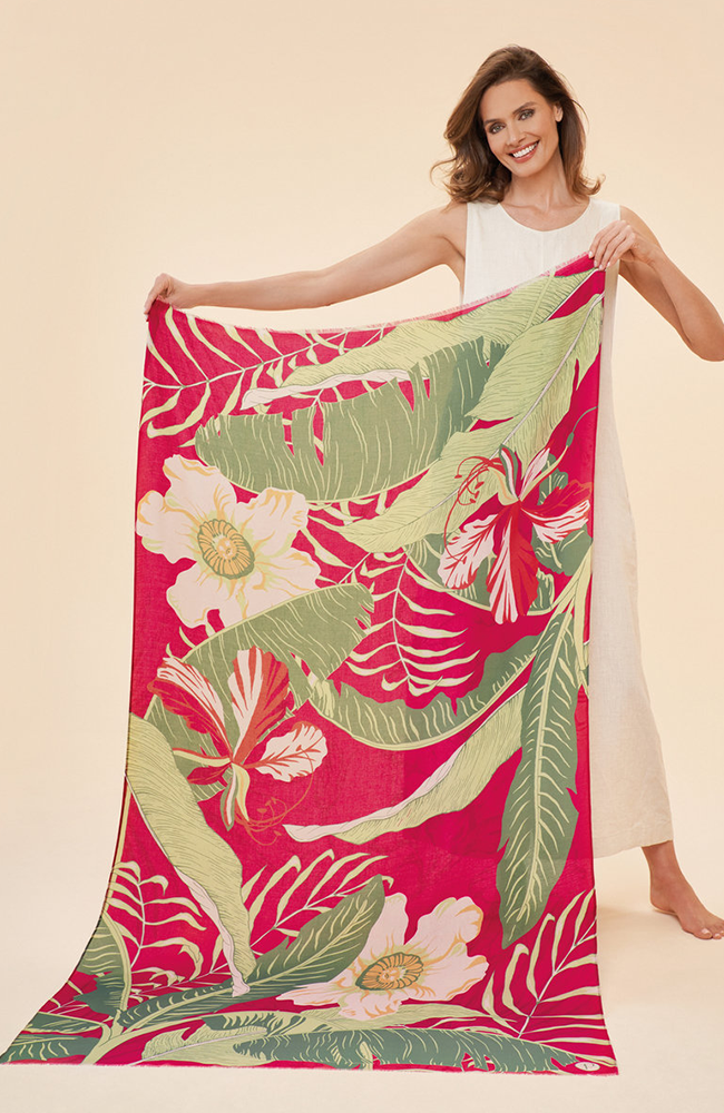 Printed Delicate Tropical Scarf - Dark Rose