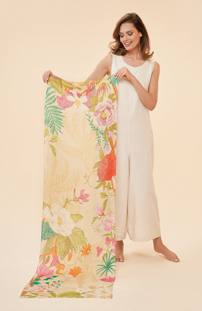 Linen Tropical Flora and Fauna Scarf - Coconut