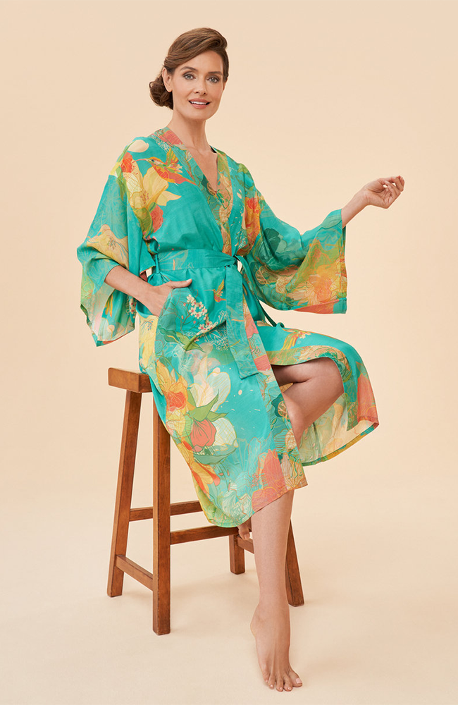 Hummingbird Kimono Gown - Aqua