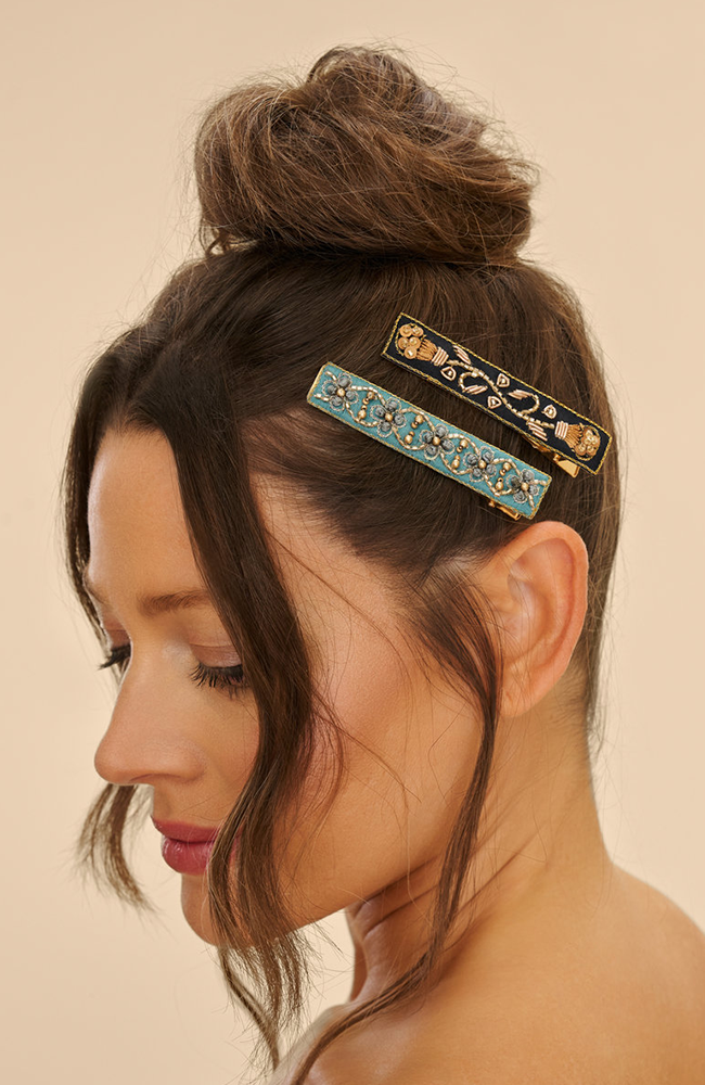 Narrow Jewelled Hair Bar - Ribbon and Vine, Turquiose & Charcoal