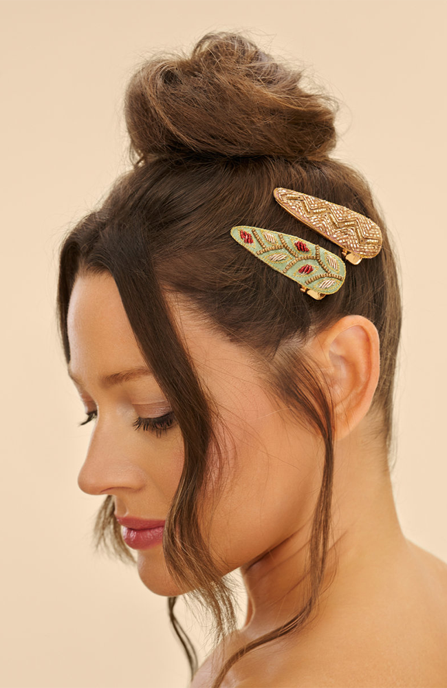 Jewelled Hair Clips - Zig Zag Cream Sage