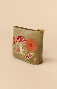 Velvet Embroidered Mini Pouch - Tranquil Toadstool, Sage