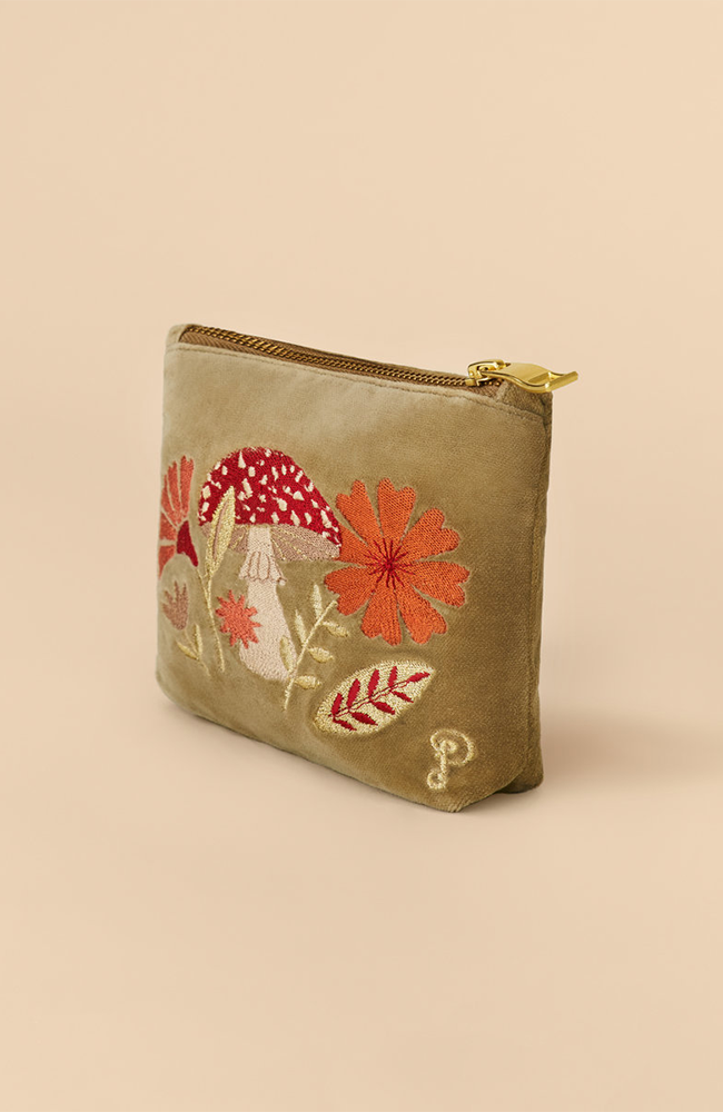 Velvet Embroidered Mini Pouch - Tranquil Toadstool, Sage