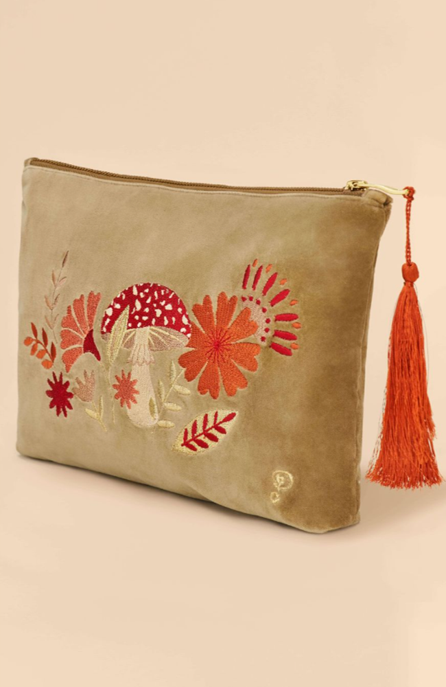 Velvet Embroidered Zip Pouch - Tranquil Toadstool, Sage