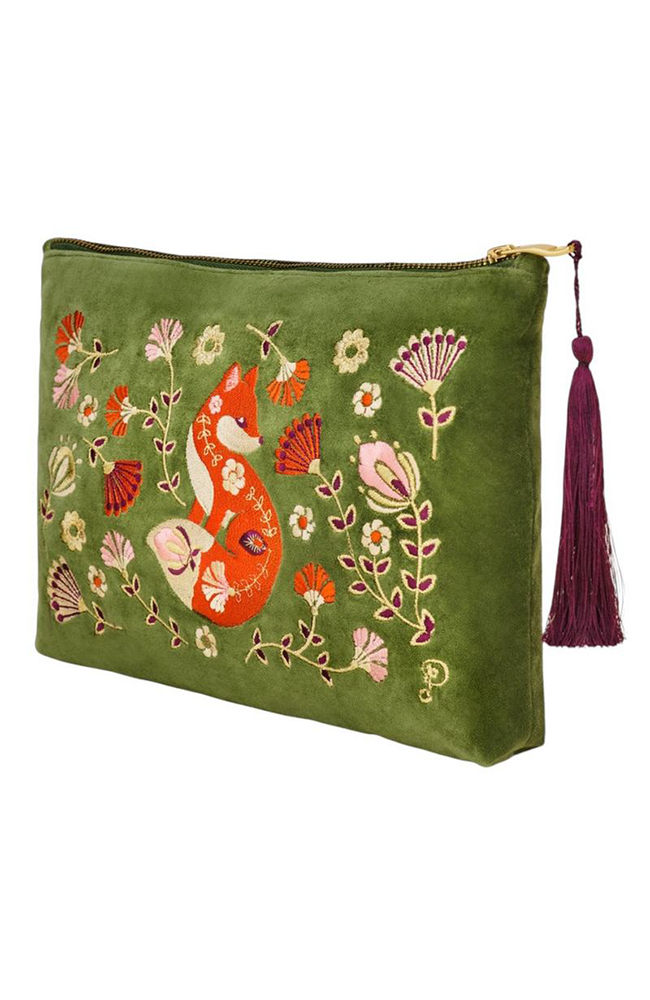 Velvet Zip Pouch - Scandinavian Fox Forest Green