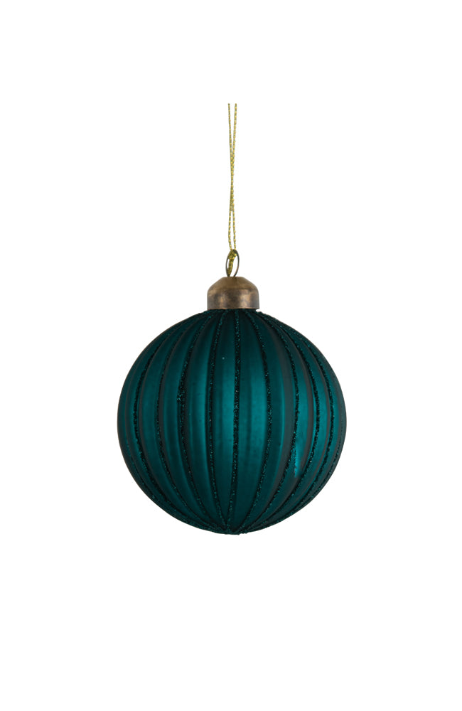 Glass Bauble Ribbed Matt Peacock