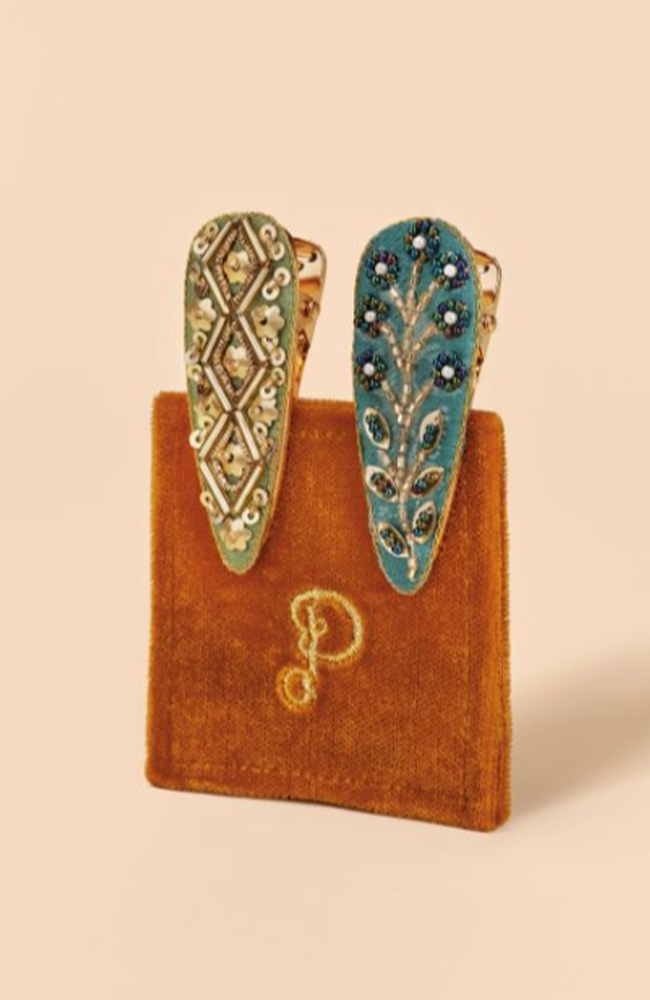 Jewelled Hair Clips Tile & Wheat - Sage & Teal