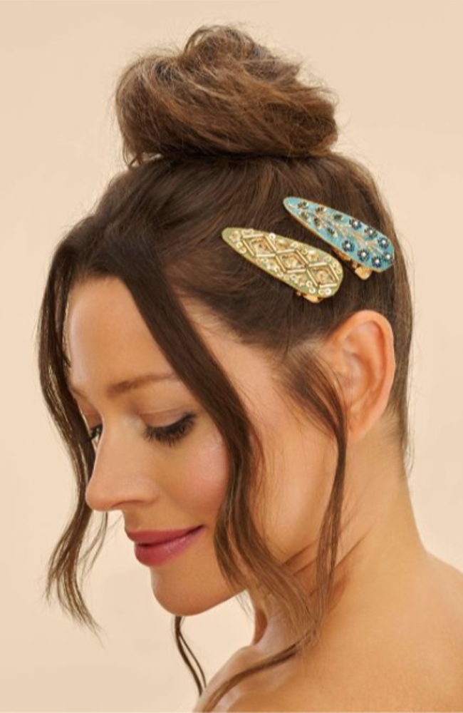 Jewelled Hair Clips Tile & Wheat - Sage & Teal