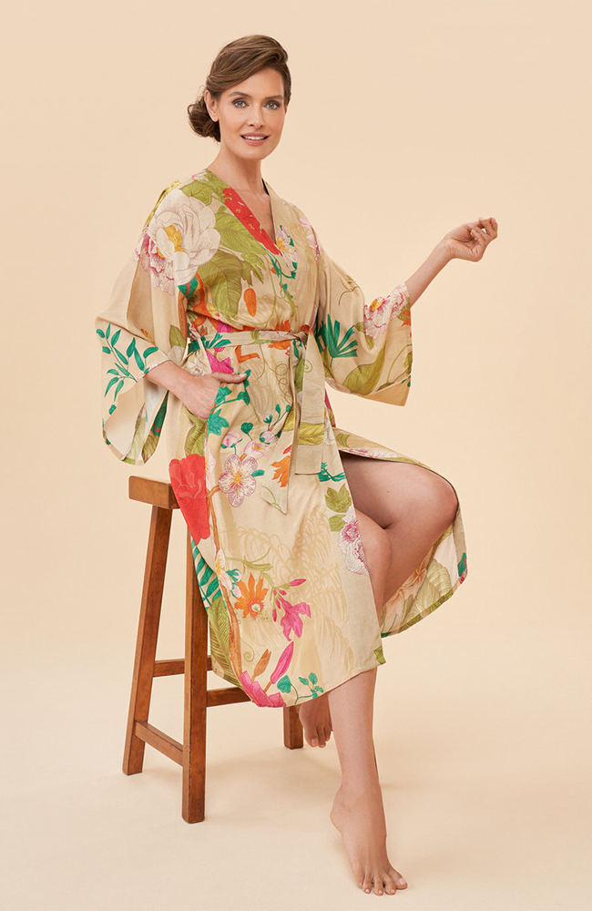 Tropical Flora and Fauna Kimono Gown in Coconut