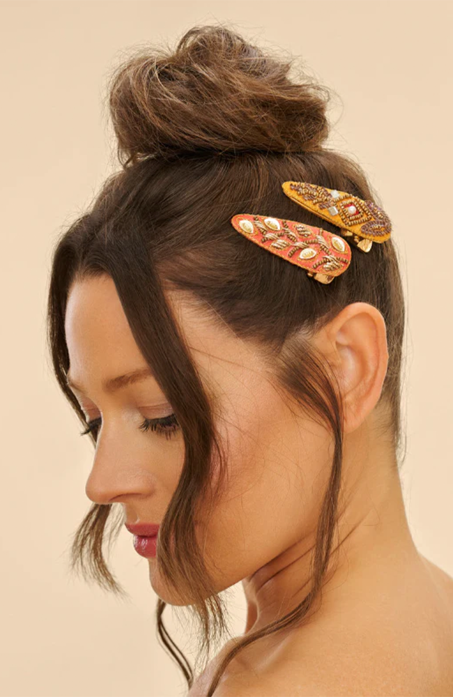 Jewelled Hair Clips - Diamond & 60's Abstract Must/Coral