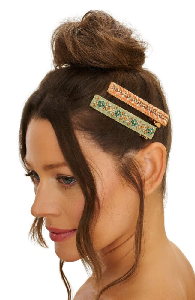 Ribbon Strike Bar Hair Clip -Sage/Coral