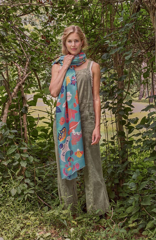 Printed Scandinavian Floral and Fauna Scarf - Aqua