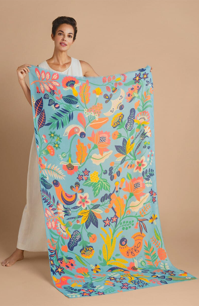 Printed Scandinavian Floral and Fauna Scarf - Aqua