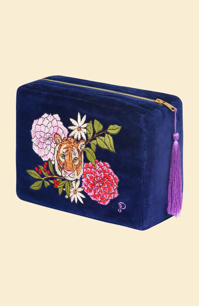 Floral Tiger Velvet Pouch - Indigo