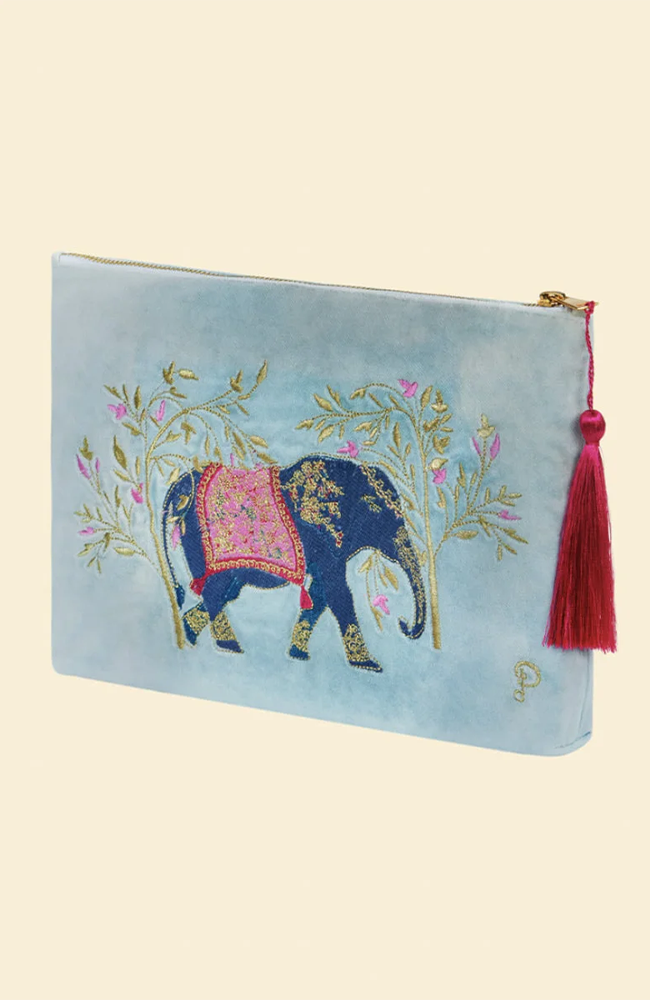 Velvet Zip Elephant Pouch - Cornflower