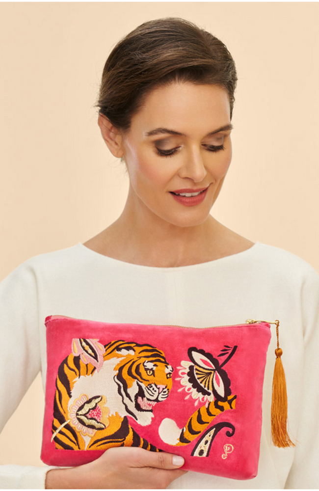 Velvet Zip Tiger Pouch - Fuschia