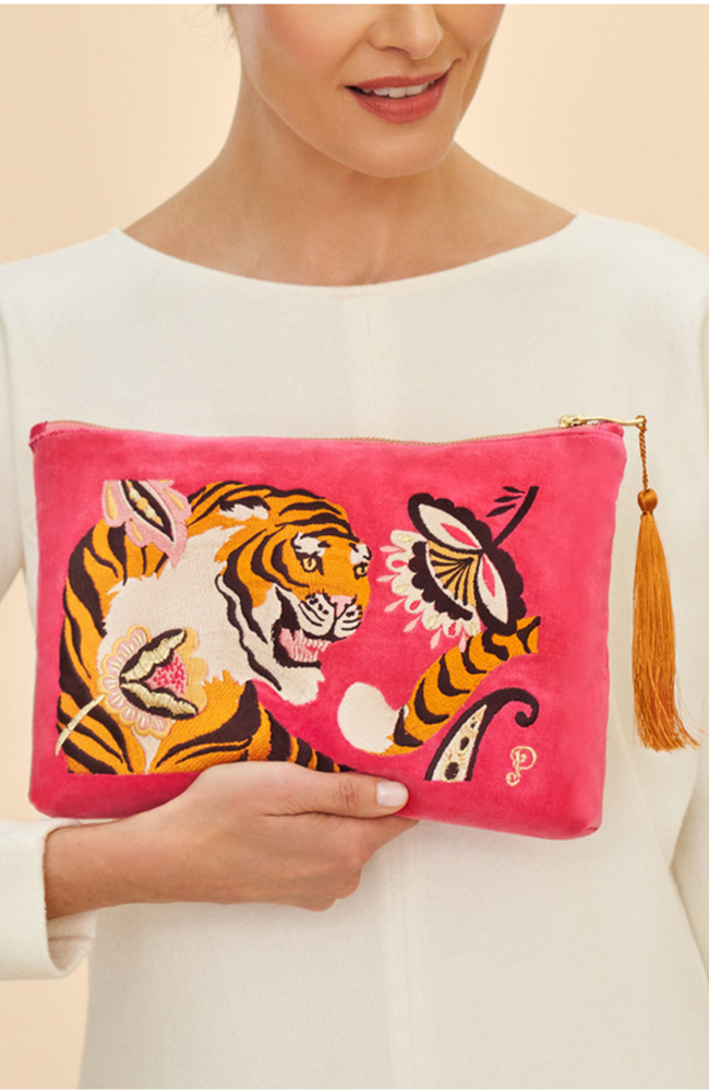 Velvet Zip Tiger Pouch - Fuschia