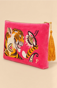 Velvet Zip Tiger Pouch - Fuschia